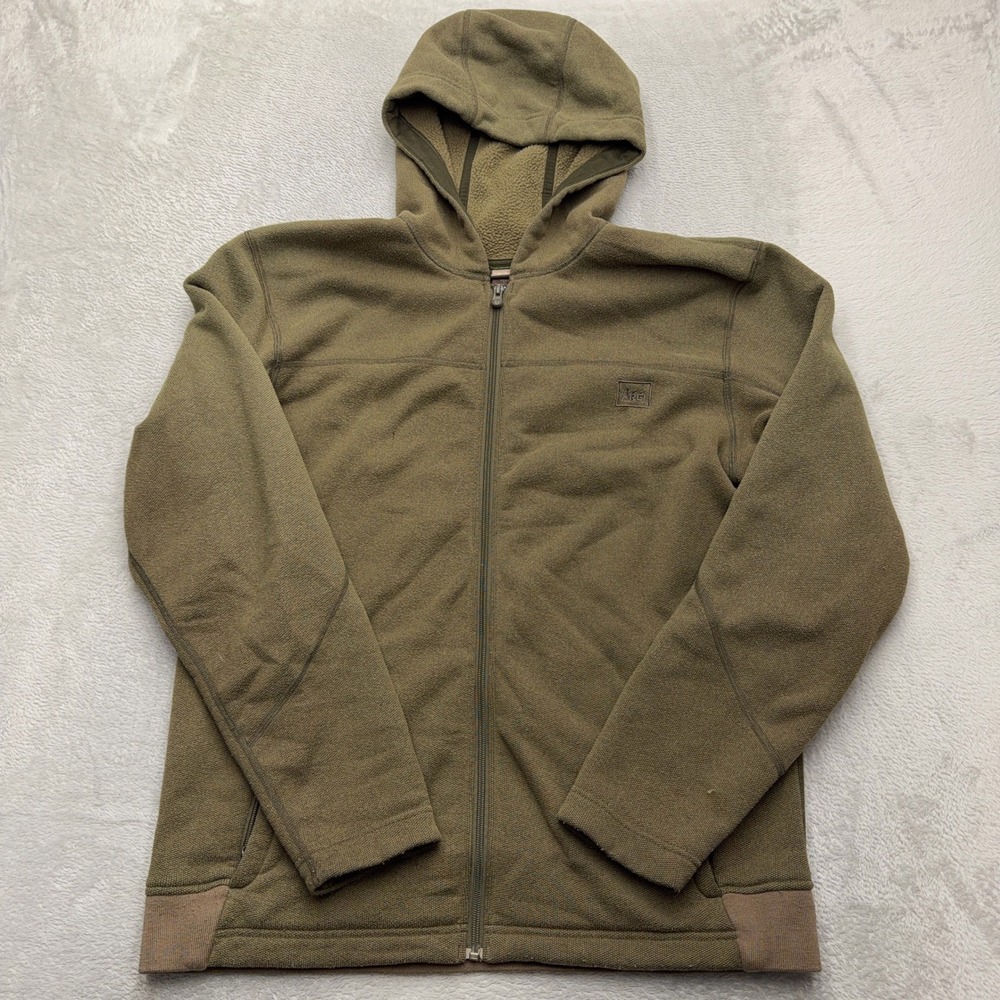 REI Full Zip Hoodie Mens L Green Textured Knit Fleece Outdoor Layering Jacket
